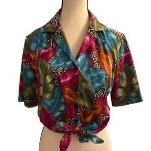 Y2K Vintage Tropical Button Up Tie Front Blouse S | Floral Hawaiian 90s Vibes